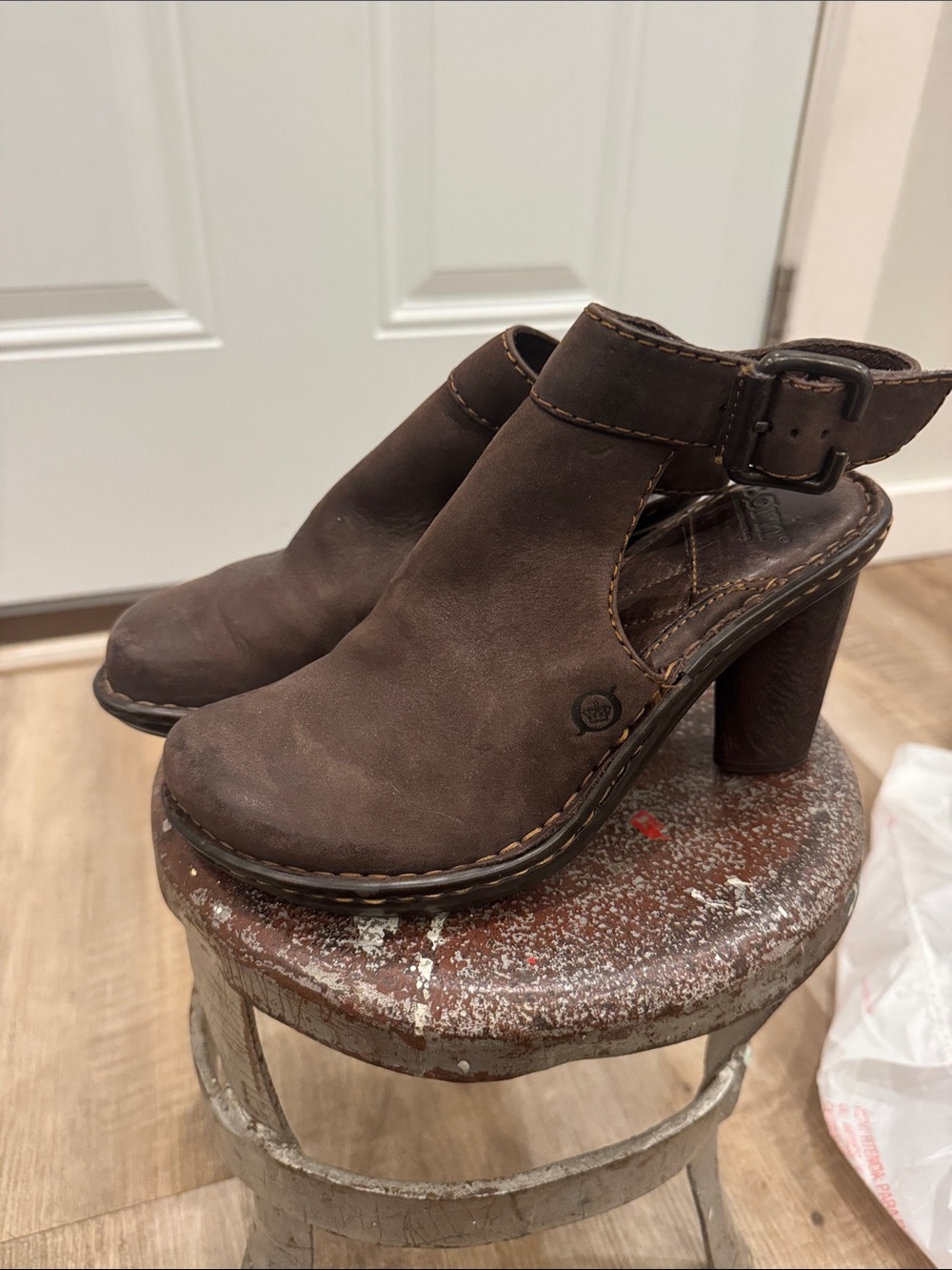 Born Brown Leather Chunky 3” Heel Buckle Sling-back Mules - Picture 4 of 16